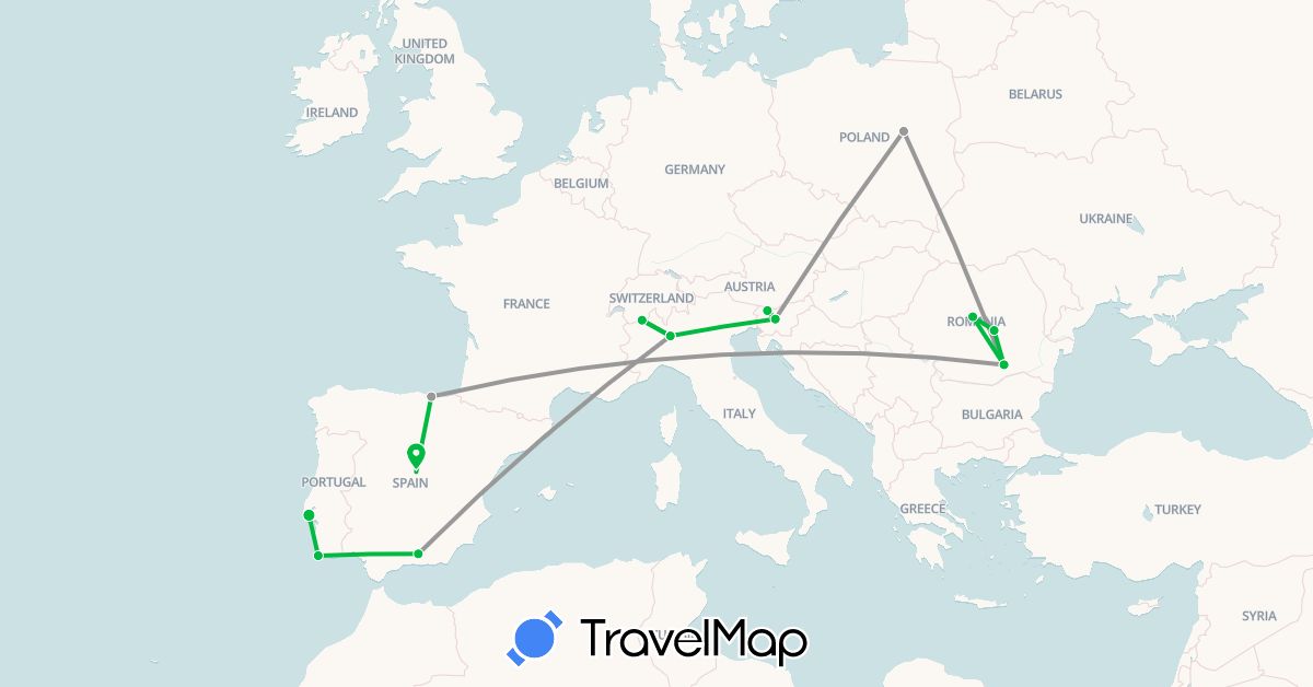 TravelMap itinerary: driving, bus, plane in Switzerland, Spain, Italy, Poland, Portugal, Romania, Slovenia (Europe)